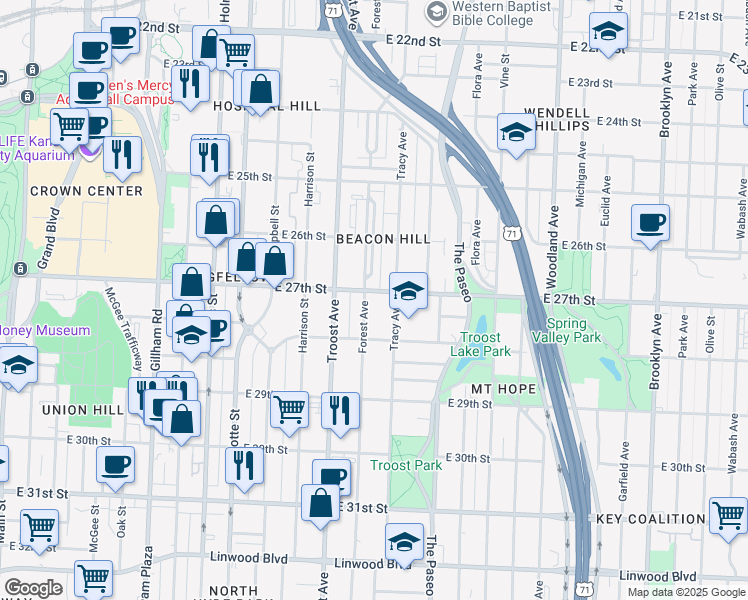 map of restaurants, bars, coffee shops, grocery stores, and more near 1206 East 27th Street in Kansas City