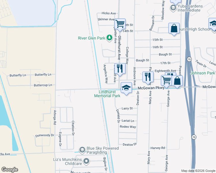 map of restaurants, bars, coffee shops, grocery stores, and more near 4278 Angelica Way in Olivehurst