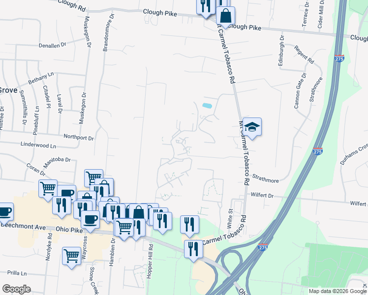 map of restaurants, bars, coffee shops, grocery stores, and more near 58 Apple Lane in Cincinnati