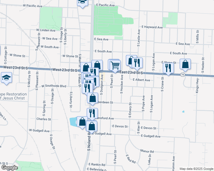 map of restaurants, bars, coffee shops, grocery stores, and more near 1234 South Pearl Street in Independence