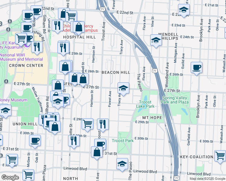 map of restaurants, bars, coffee shops, grocery stores, and more near 1206 East 27th Street in Kansas City