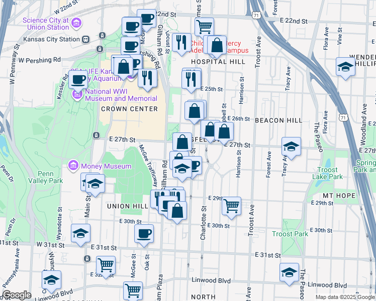 map of restaurants, bars, coffee shops, grocery stores, and more near 615 East 27th Street in Kansas City