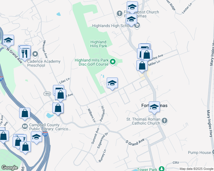 map of restaurants, bars, coffee shops, grocery stores, and more near 219 Highland Avenue in Fort Thomas