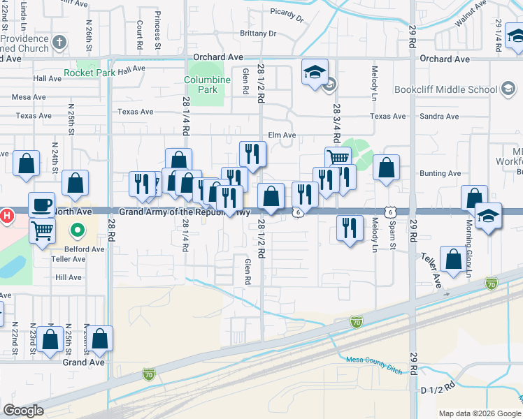 map of restaurants, bars, coffee shops, grocery stores, and more near 501 28 1/2 Road in Grand Junction
