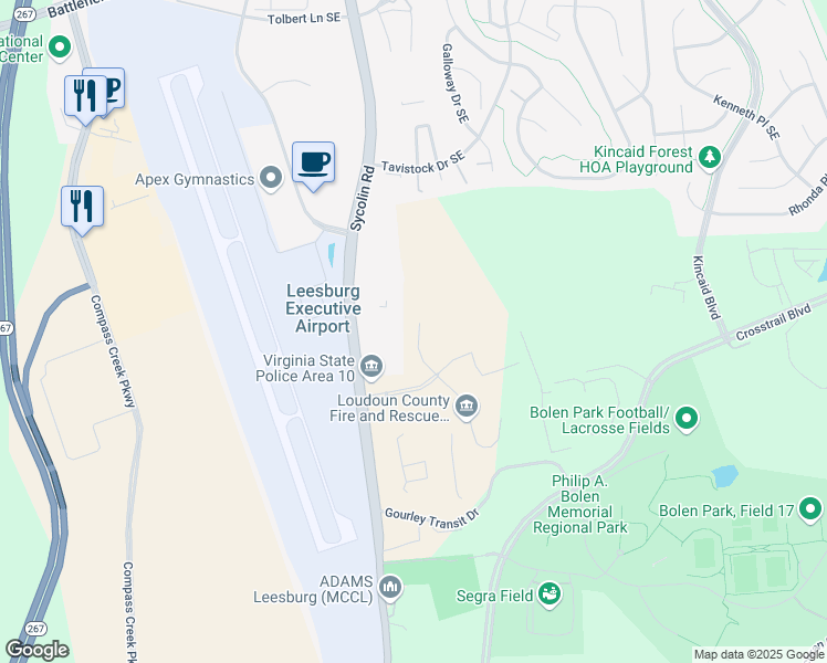 map of restaurants, bars, coffee shops, grocery stores, and more near 16501 Meadowview Court in Leesburg