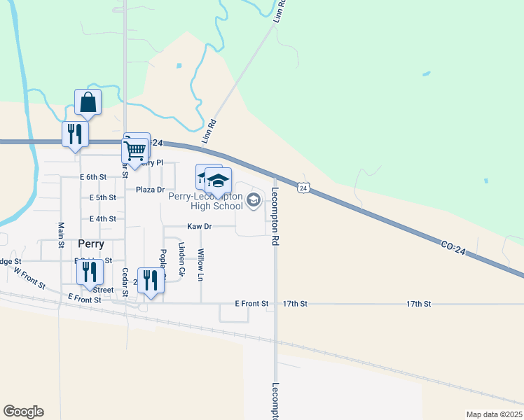 map of restaurants, bars, coffee shops, grocery stores, and more near 404 Lecompton Road in Perry