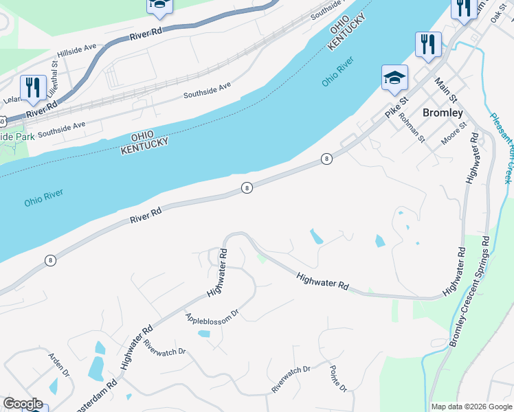 map of restaurants, bars, coffee shops, grocery stores, and more near 471 River Road in Villa Hills