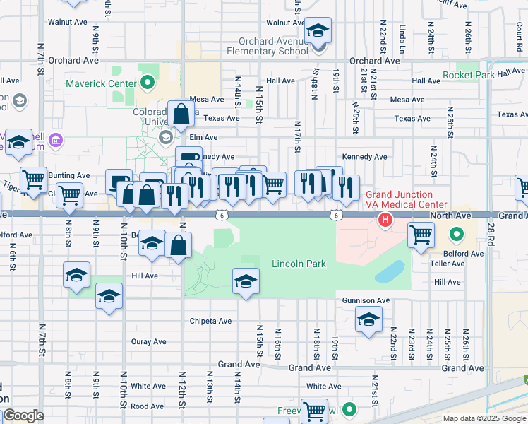 map of restaurants, bars, coffee shops, grocery stores, and more near 1530 North Avenue in Grand Junction