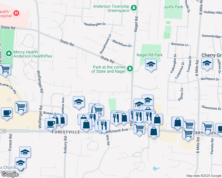 map of restaurants, bars, coffee shops, grocery stores, and more near 7911 Stonegate Drive in Cincinnati
