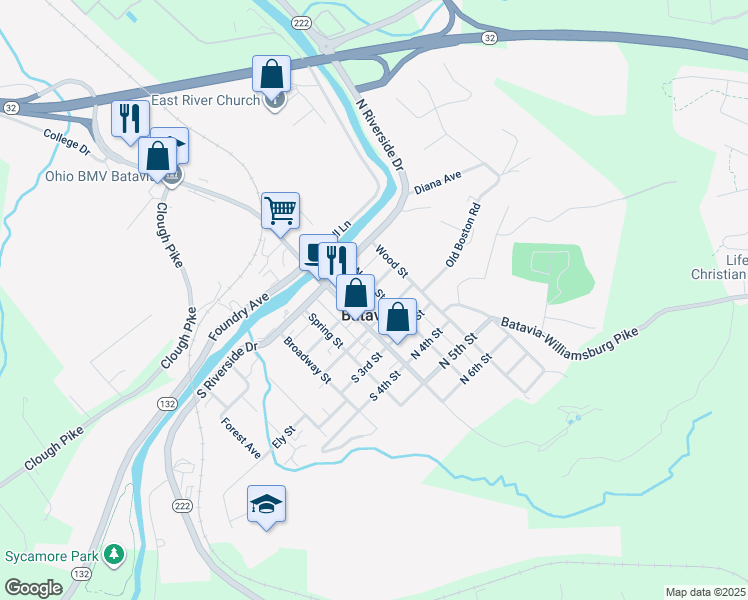 map of restaurants, bars, coffee shops, grocery stores, and more near 167 North Street in Batavia