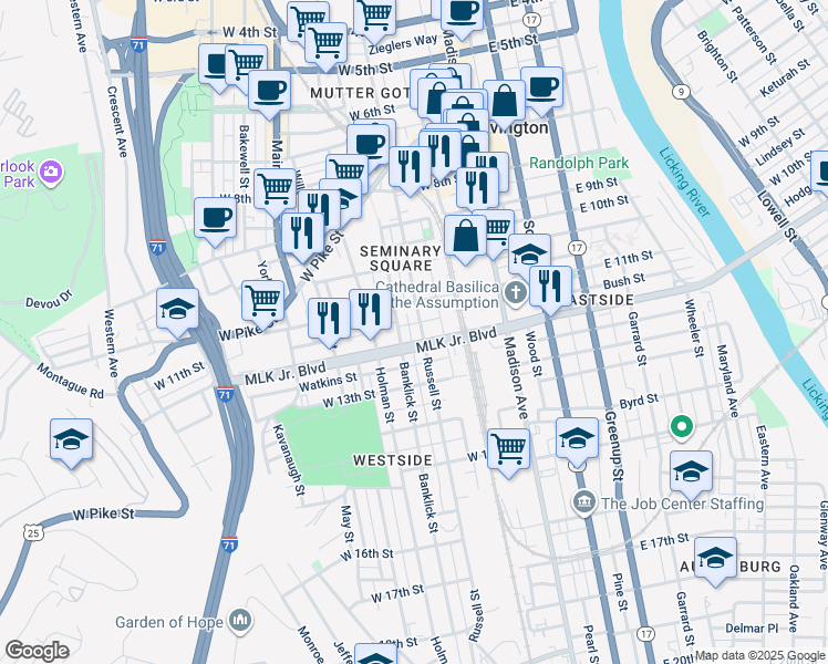 map of restaurants, bars, coffee shops, grocery stores, and more near 115 West 11th Street in Covington