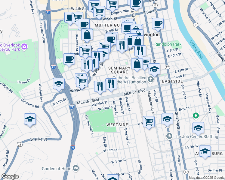 map of restaurants, bars, coffee shops, grocery stores, and more near 1107 Banklick Street in Covington