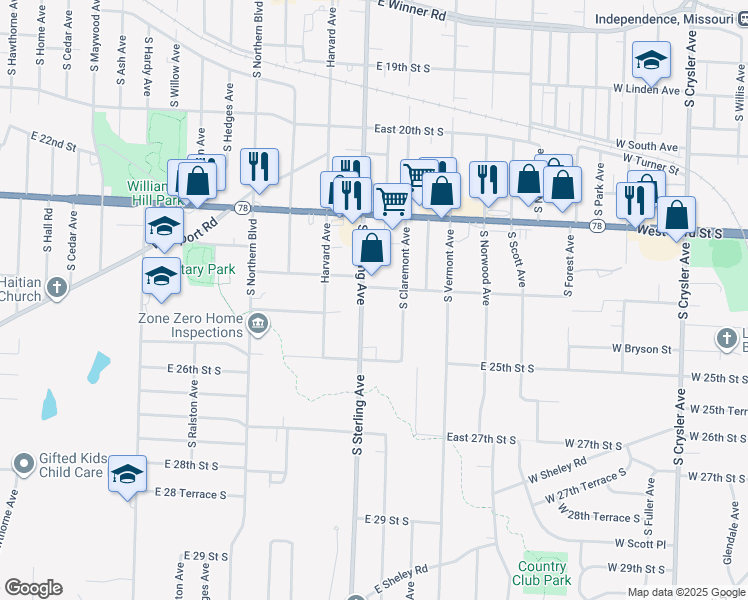 map of restaurants, bars, coffee shops, grocery stores, and more near 11202 East 24th Street South in Independence
