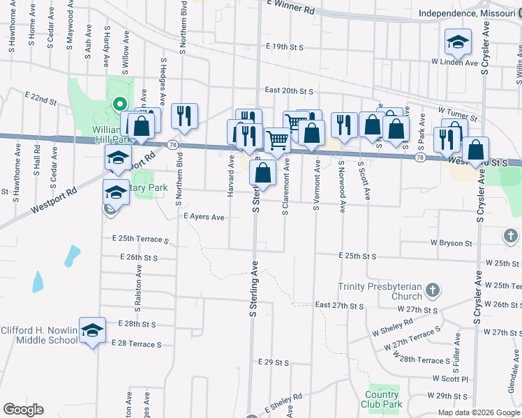 map of restaurants, bars, coffee shops, grocery stores, and more near 11202 East 24th Street South in Independence