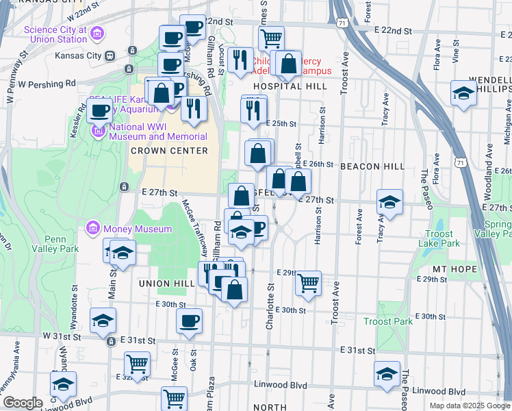 map of restaurants, bars, coffee shops, grocery stores, and more near 615 East 27th Street in Kansas City