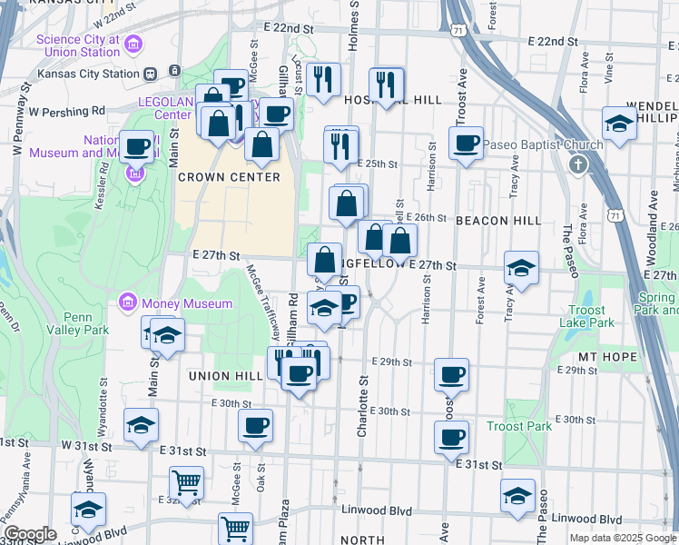 map of restaurants, bars, coffee shops, grocery stores, and more near 615 East 27th Street in Kansas City