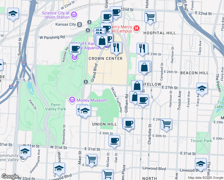 map of restaurants, bars, coffee shops, grocery stores, and more near 227 East 27th Street in Kansas City