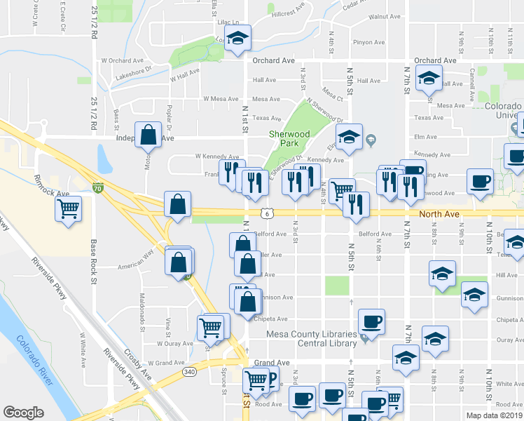 map of restaurants, bars, coffee shops, grocery stores, and more near 162 North Avenue in Grand Junction