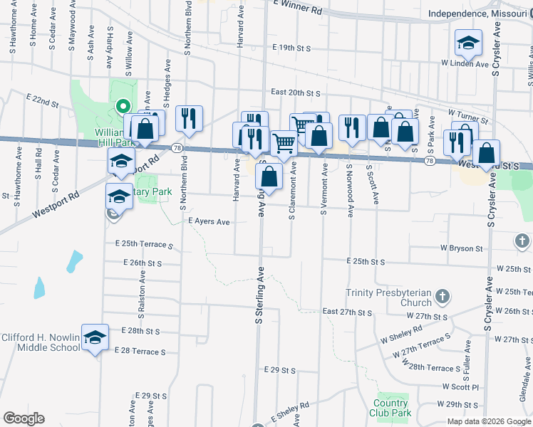map of restaurants, bars, coffee shops, grocery stores, and more near 11202 East 24th Street South in Independence