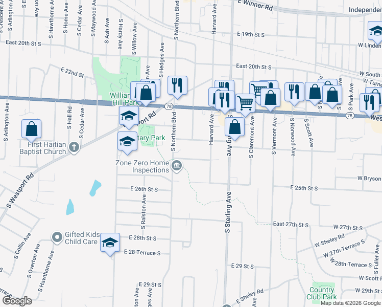 map of restaurants, bars, coffee shops, grocery stores, and more near 10826 East Ayers Avenue in Independence