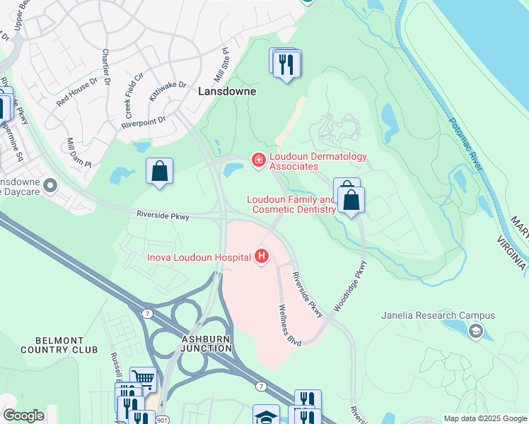 map of restaurants, bars, coffee shops, grocery stores, and more near 19455 Deerfield Avenue in Lansdowne