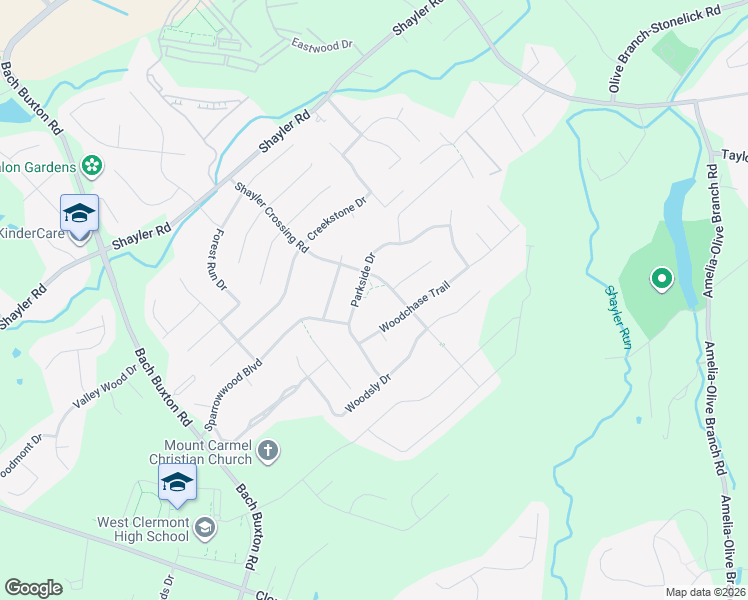 map of restaurants, bars, coffee shops, grocery stores, and more near Shayler Crossing Road in Clermont County