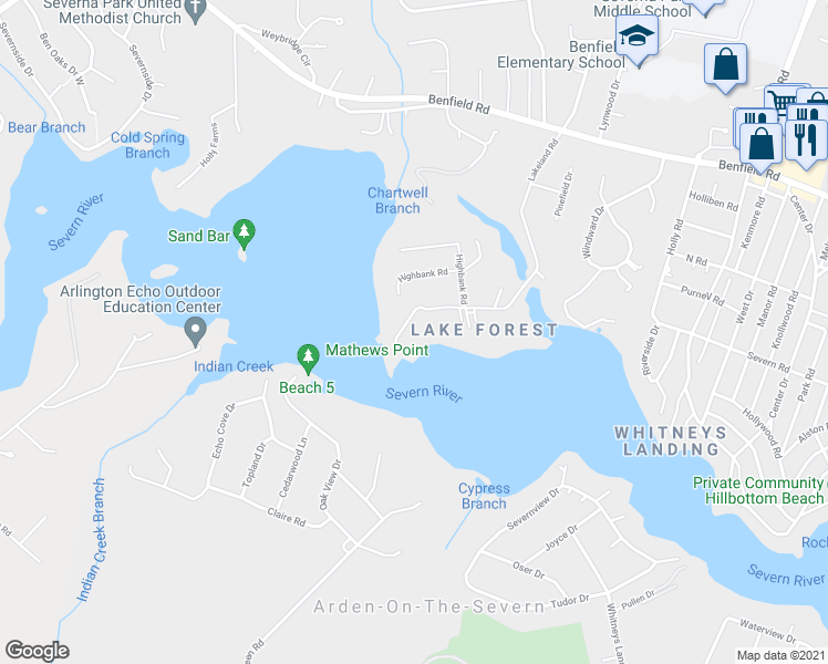map of restaurants, bars, coffee shops, grocery stores, and more near 645 Lakeland Road South in Severna Park