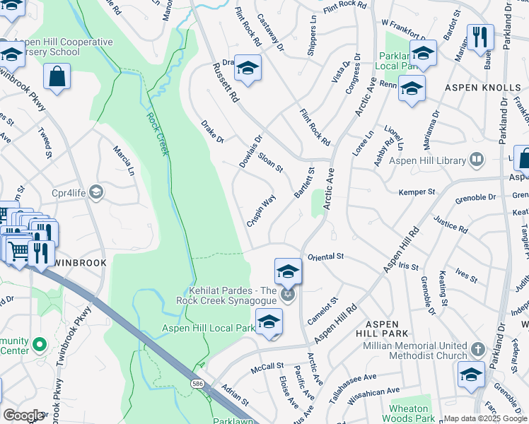 map of restaurants, bars, coffee shops, grocery stores, and more near 13409 Crispin Way in Rockville