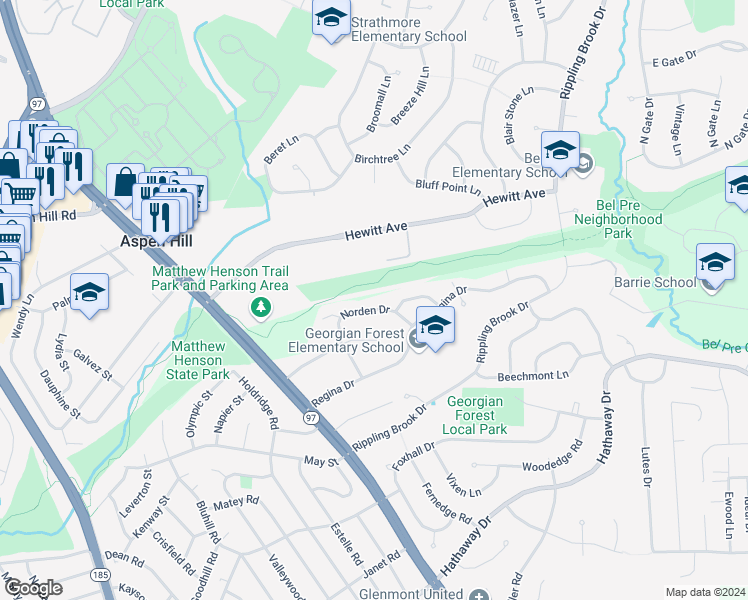 map of restaurants, bars, coffee shops, grocery stores, and more near 13408 Norden Drive in Silver Spring