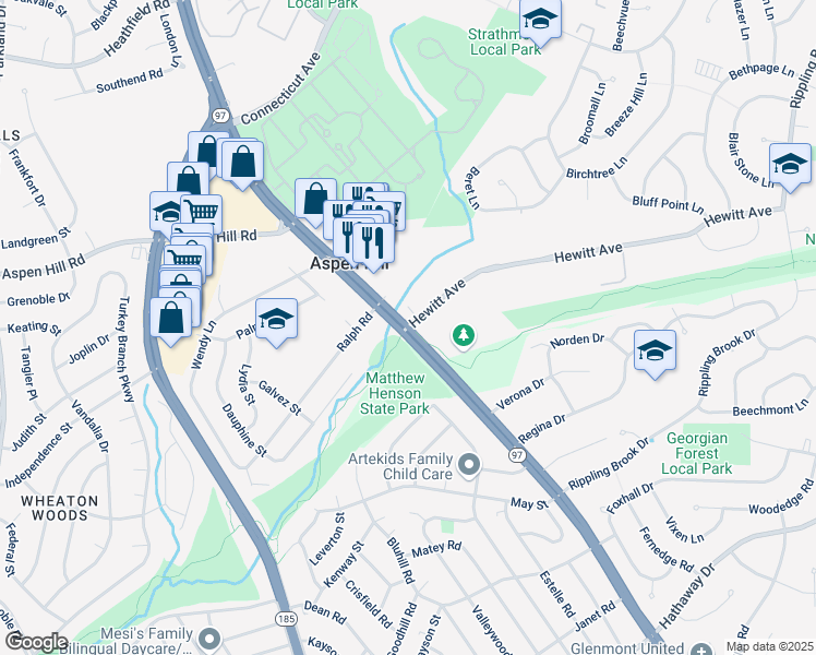 map of restaurants, bars, coffee shops, grocery stores, and more near Hewitt Ave & Georgia Ave in Aspen Hill