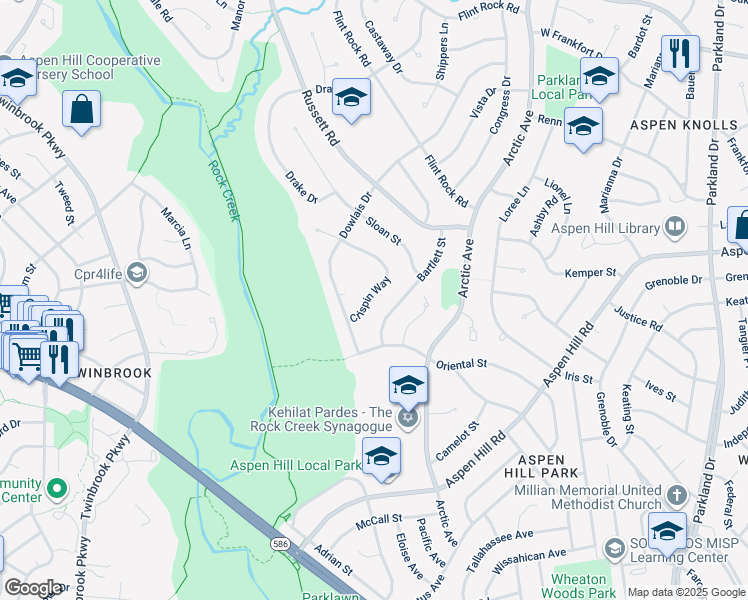 map of restaurants, bars, coffee shops, grocery stores, and more near 13409 Crispin Way in Rockville
