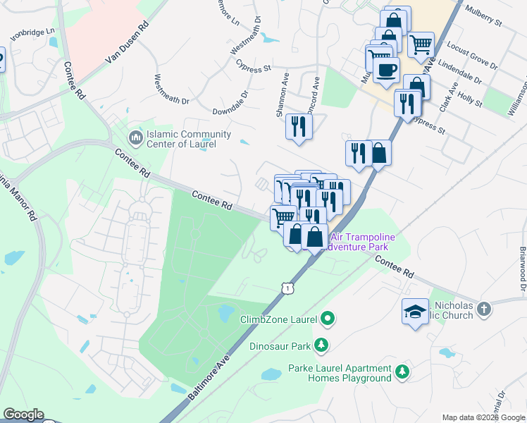 map of restaurants, bars, coffee shops, grocery stores, and more near 7810 Contee Road in Laurel
