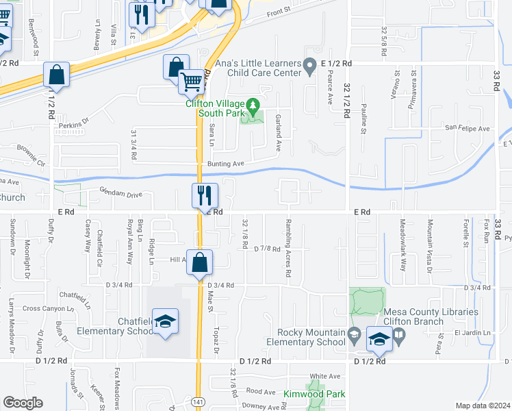 map of restaurants, bars, coffee shops, grocery stores, and more near 3216 E Road in Clifton
