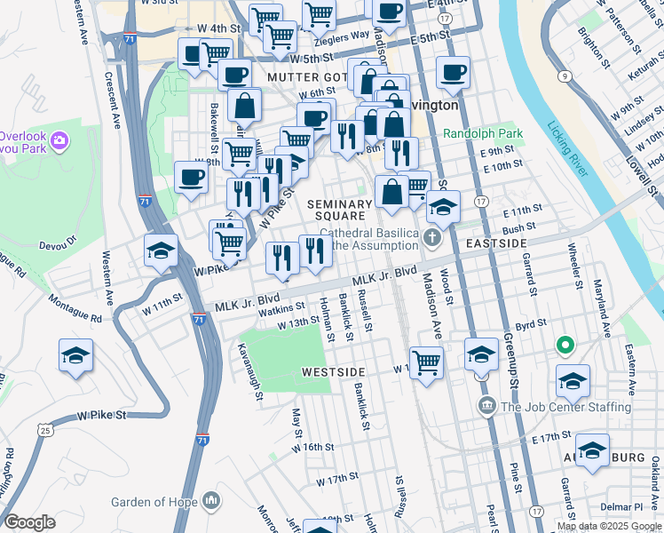 map of restaurants, bars, coffee shops, grocery stores, and more near 1107 Banklick Street in Covington