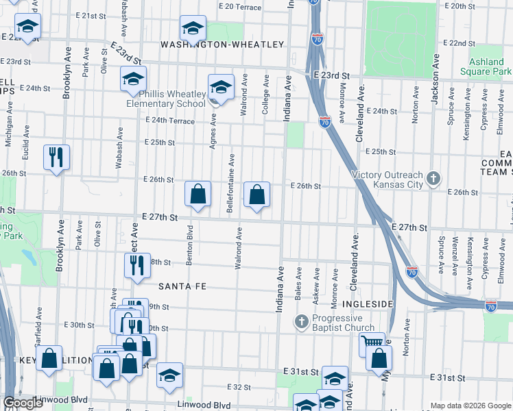 map of restaurants, bars, coffee shops, grocery stores, and more near 3214 East 26th Terrace in Kansas City