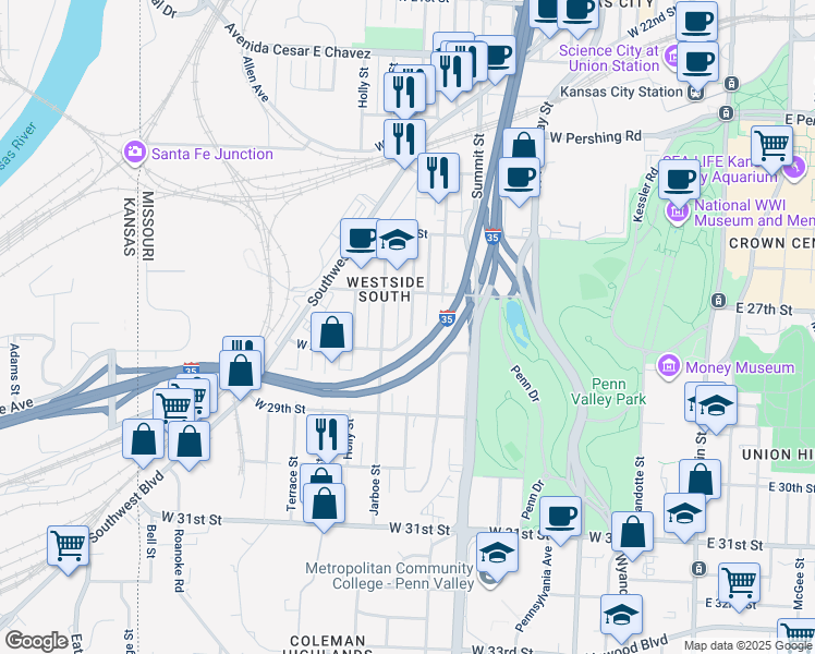 map of restaurants, bars, coffee shops, grocery stores, and more near 2719 Belleview Avenue in Kansas City