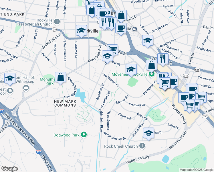 map of restaurants, bars, coffee shops, grocery stores, and more near 500 Mount Vernon Place in Rockville