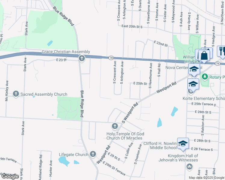 map of restaurants, bars, coffee shops, grocery stores, and more near 2510 South Crescent Avenue in Independence