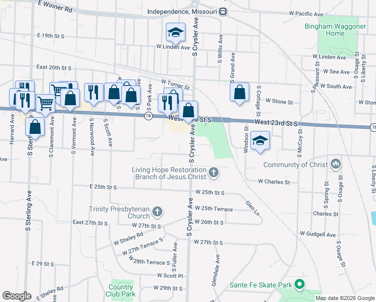 map of restaurants, bars, coffee shops, grocery stores, and more near 2344 South Crysler Avenue in Independence