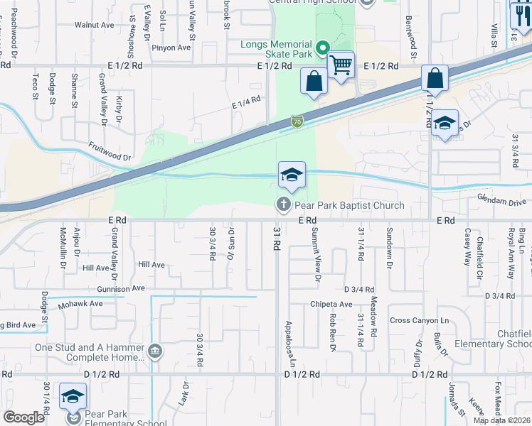 map of restaurants, bars, coffee shops, grocery stores, and more near 3098 E Road in Grand Junction