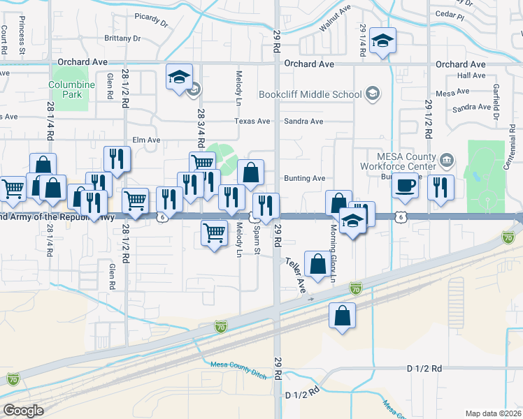 map of restaurants, bars, coffee shops, grocery stores, and more near 2894 North Avenue in Grand Junction