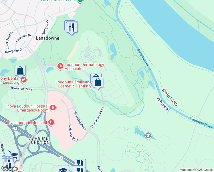 map of restaurants, bars, coffee shops, grocery stores, and more near 44124 Woodridge Parkway in Leesburg