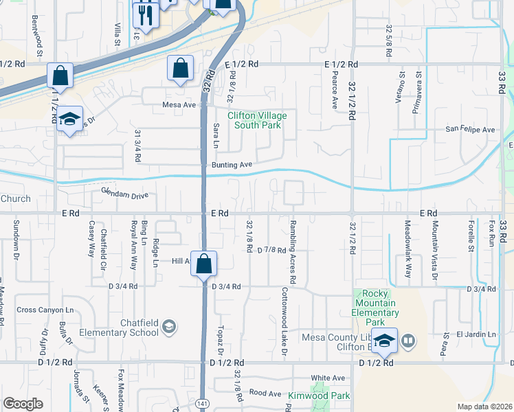 map of restaurants, bars, coffee shops, grocery stores, and more near 3216 E Road in Clifton