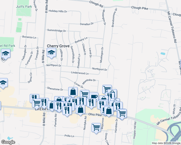 map of restaurants, bars, coffee shops, grocery stores, and more near 8583 Northport Drive in Cincinnati
