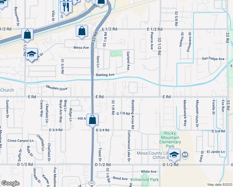 map of restaurants, bars, coffee shops, grocery stores, and more near 3216 E Road in Clifton
