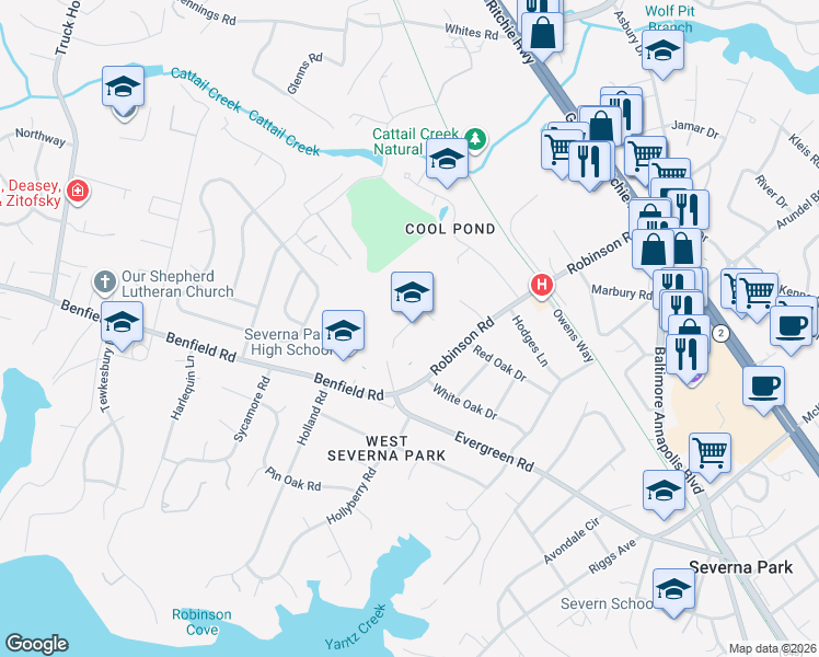 map of restaurants, bars, coffee shops, grocery stores, and more near 60 Robinson Road in Severna Park