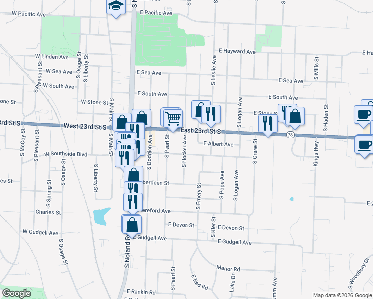 map of restaurants, bars, coffee shops, grocery stores, and more near 1223 South Hocker Avenue in Independence