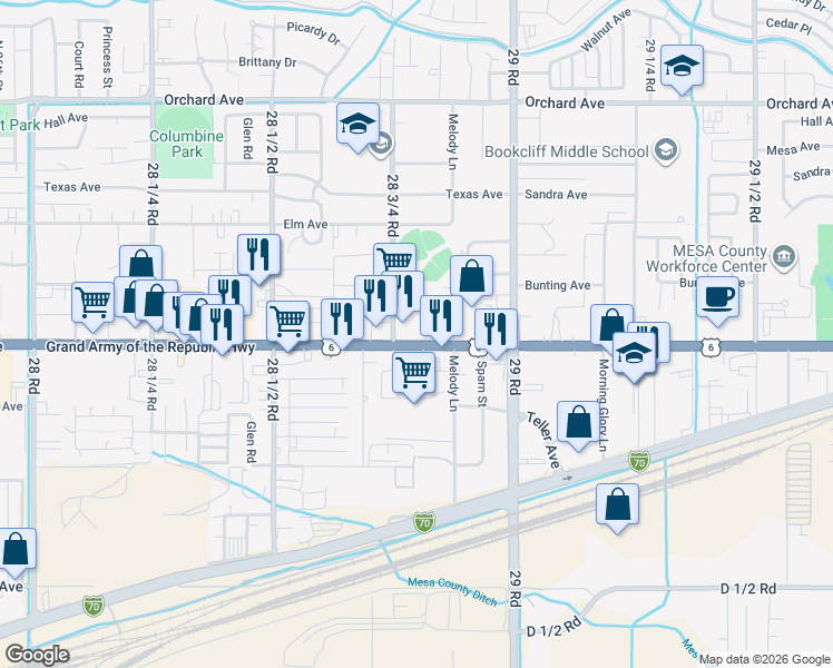 map of restaurants, bars, coffee shops, grocery stores, and more near 2880 North Avenue in Grand Junction