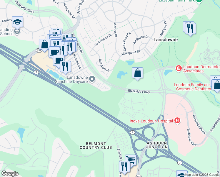 map of restaurants, bars, coffee shops, grocery stores, and more near 43728 Gold Hill Square in Leesburg