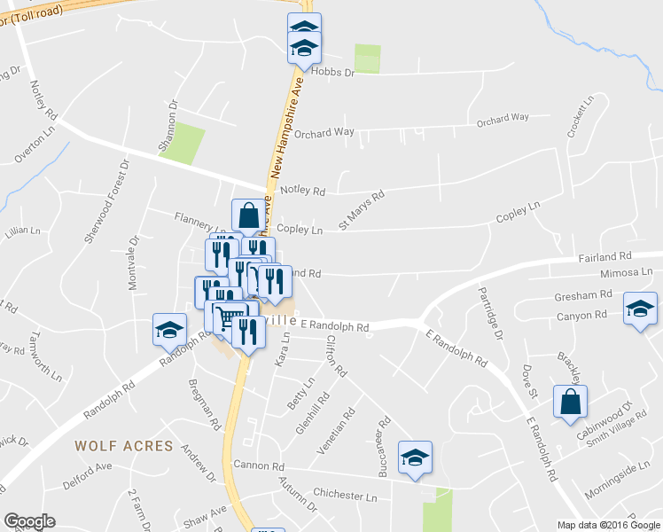 map of restaurants, bars, coffee shops, grocery stores, and more near 606 Midland Road in Silver Spring